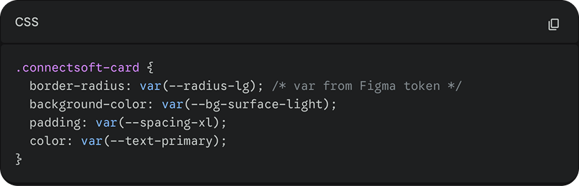 CSS snippet for a card component using Figma design tokens.